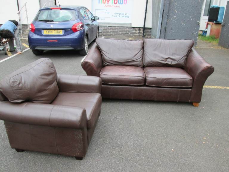 2-SEAT BROWN LEATHER SOFA AND CHAIR (SEE DETAILS BELOW) at HAVEN TRUST CHARITY SHOP