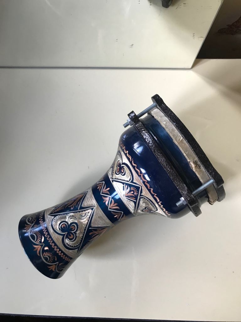 Vintage small Turkish Darbuka hand drum patterned metal + leather hide