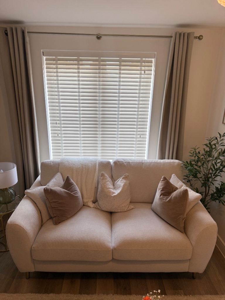 2 x Cream Fabric Two-Seater Sofas - Like New Condition