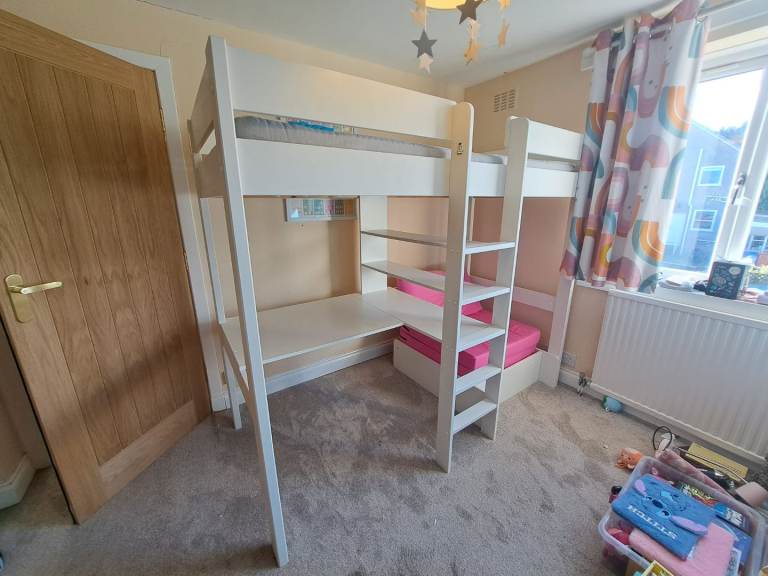 Stompa Uno white high sleeper kids bed with desk, shelving and pull out futon bed