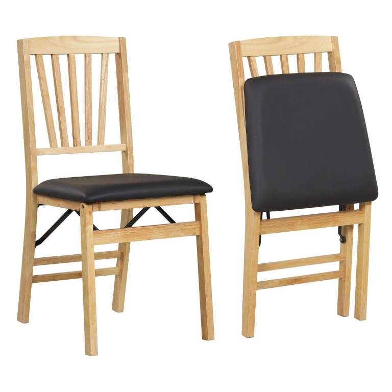 Set of 2 Folding Dining Chairs with Rubber Wood Frame & Black Padded Seat BRAND NEW IN BOX