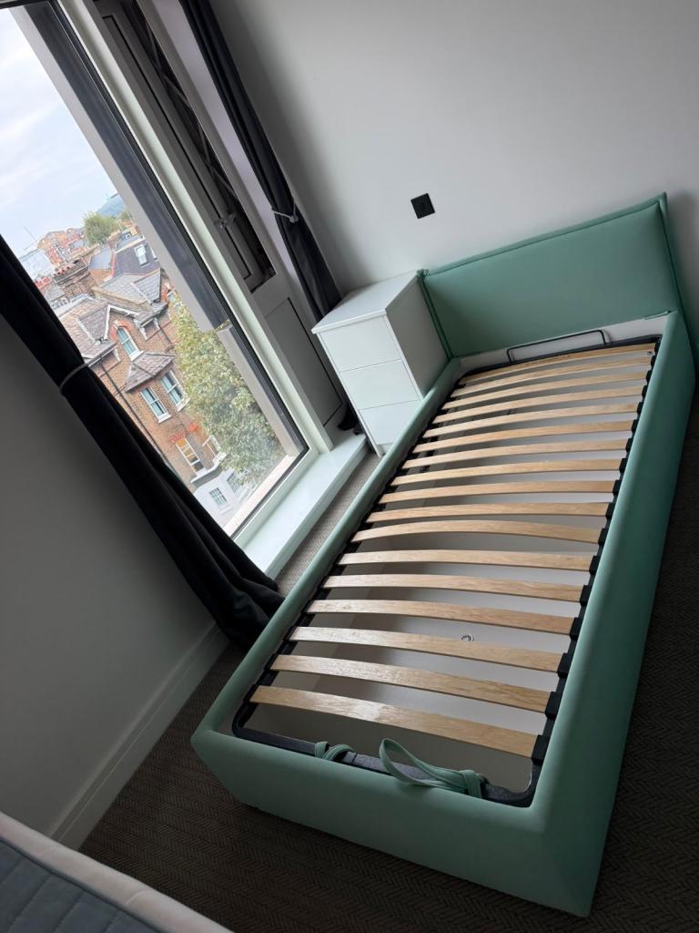 Single Bed with Storage – Light Green Fabric, As Good As New