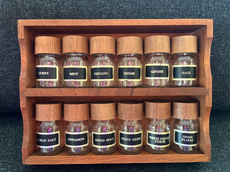 Vintage Mid Century Teak Wall Mounted 2 Tier Spice Rack 12 Glass Jars Wooden Lids