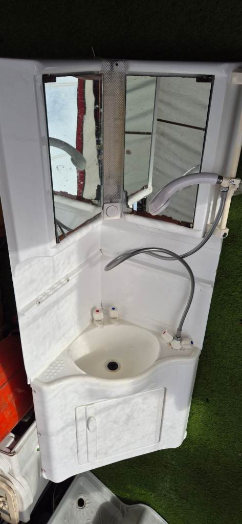 Shower corner unit / vanity unit with shower tray for camper caravan motorhome.