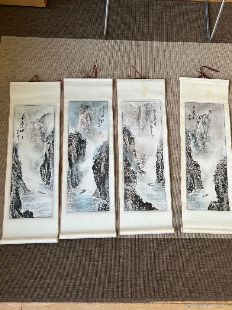 Set of four season Chinese landscape paintings scroll silk paper mountain river scene 