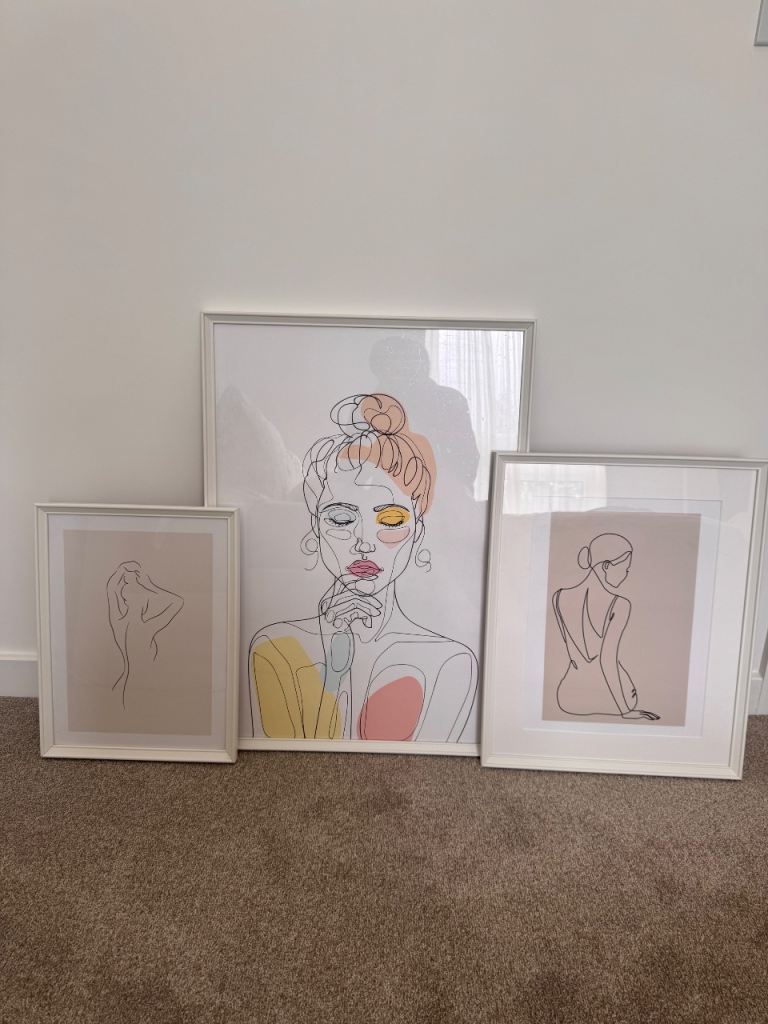 Set of 3 Modern Line Art Prints with White Frames 