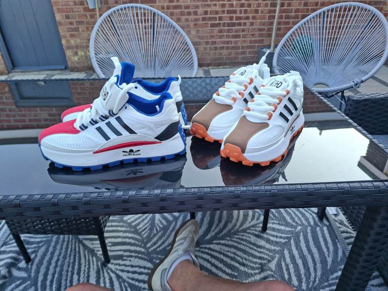 Adidas Trainers - White, Red & Blue / White, Brown & Orange - As Good As New