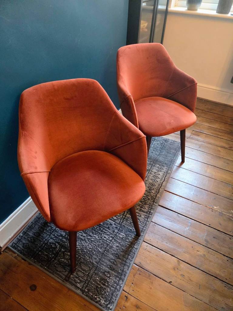 Lule Carver velvet dining chairs with walnut legs in rust x2