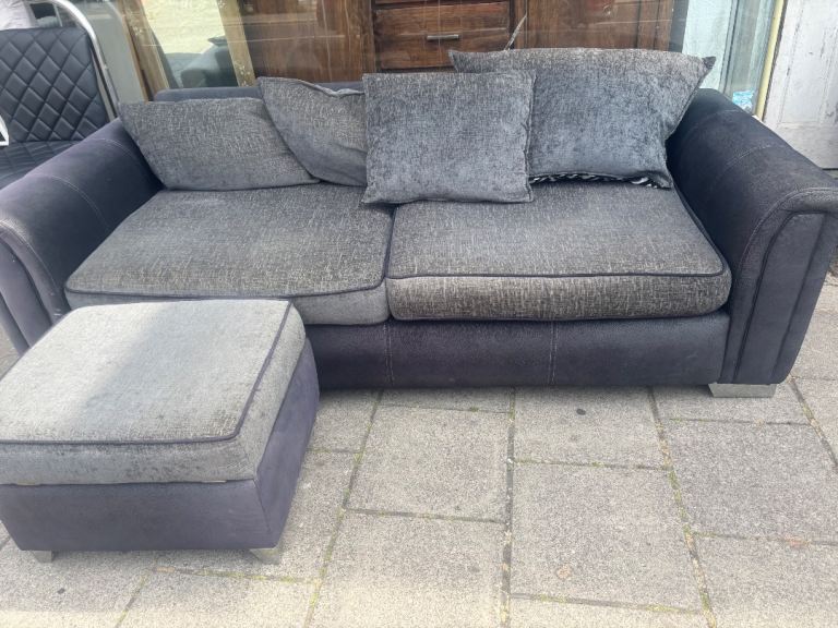Comfy Grey Two-Seater Sofa with Matching Footstool