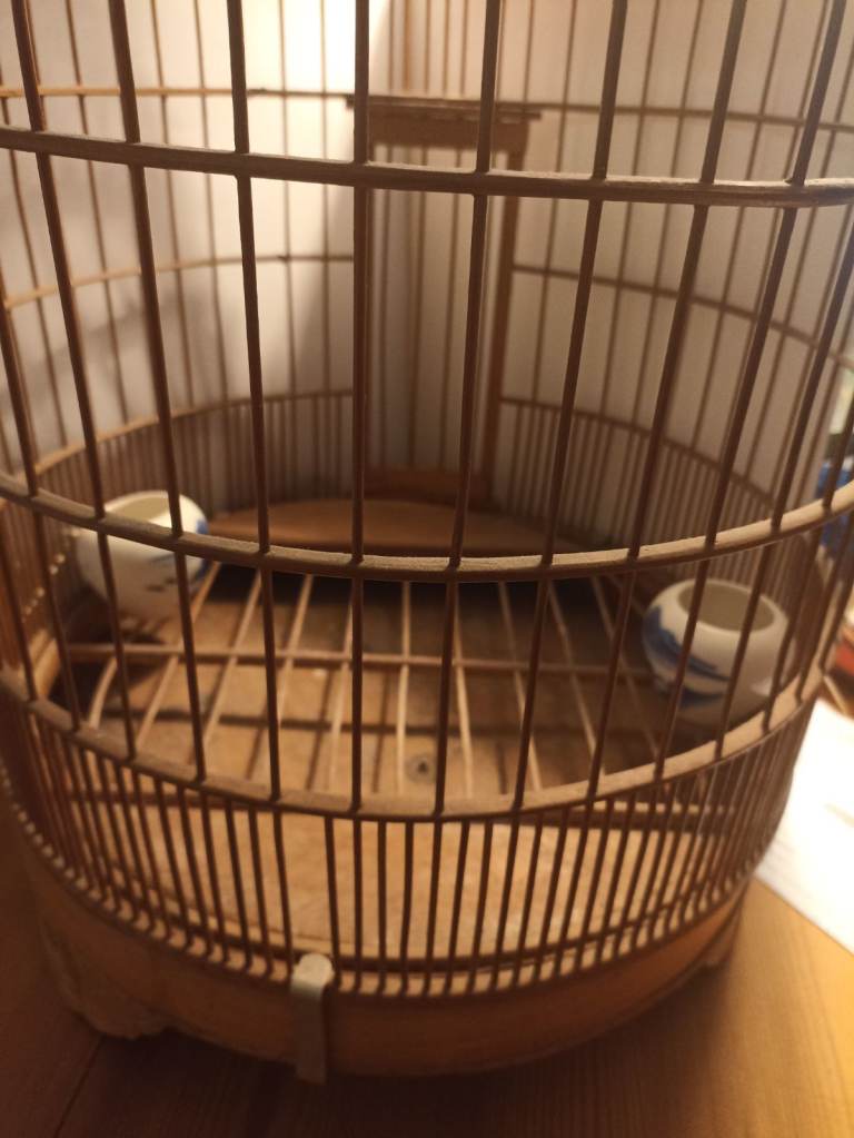 Vintage Wooden Bird Cage with Blue-and-White Porcelain Feeders