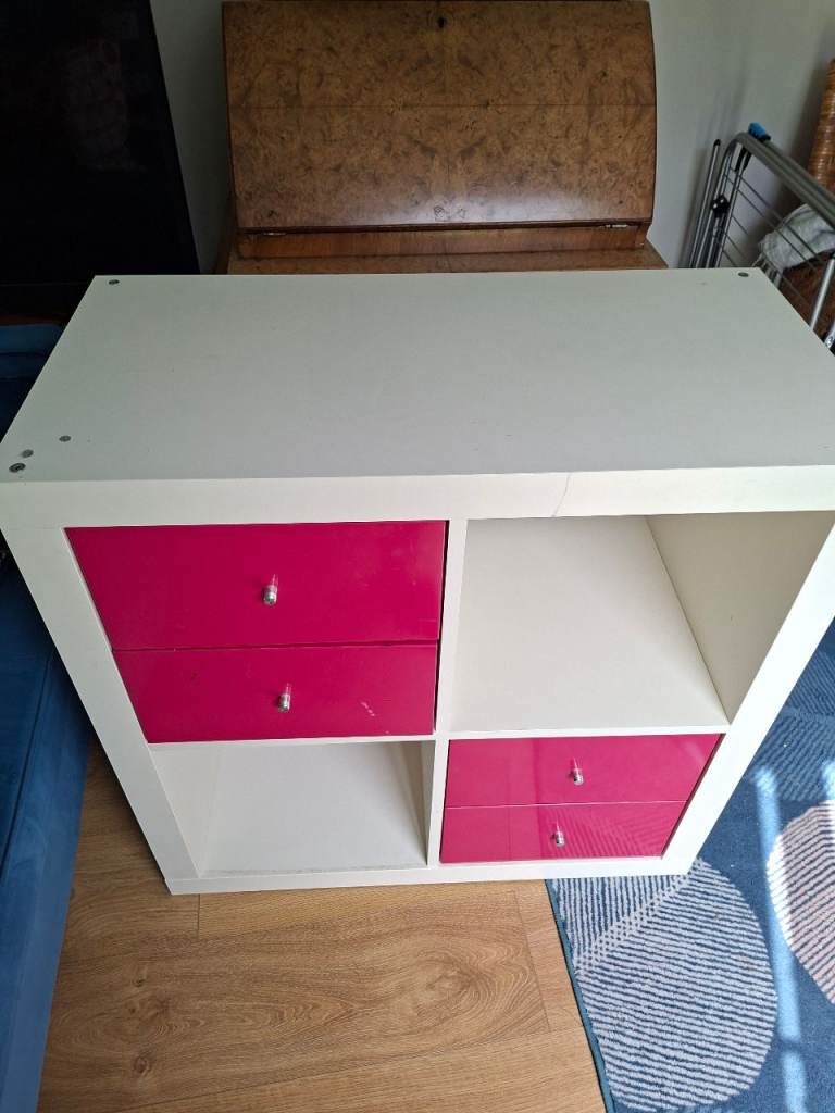 FREE White IKEA Kallax unit with gloss pink drawer inserts