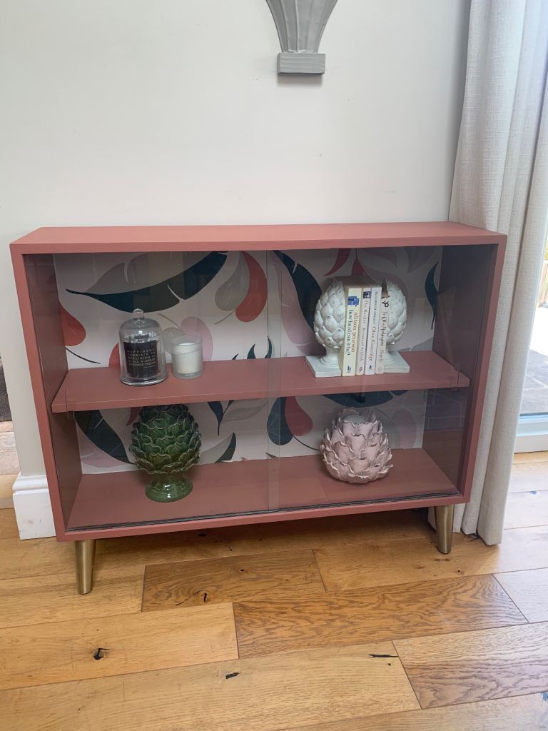 Vintage painted bookcase display cabinet with glass sliding doors
