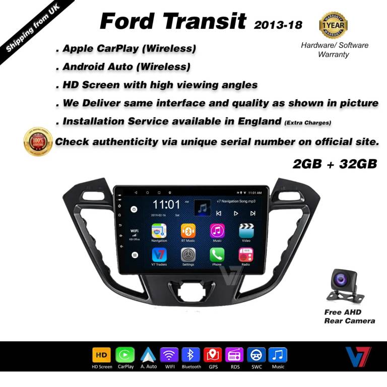 Ford Transit 2013-18 CARPLAY Android Auto HD Screen Head Unit GPS Stereo LCD Panel V7