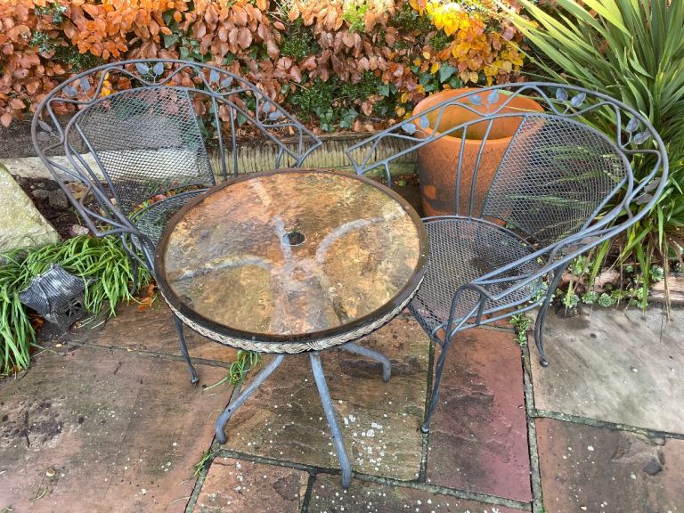 Ornate French-Style Metal Garden Bistro Set - "Shabby Chic" Wrought Iron Look