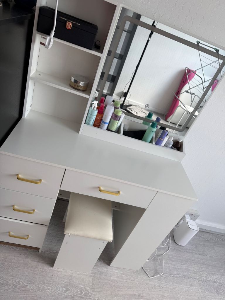 White Dressing Table with Mirror & Stool – Good Condition