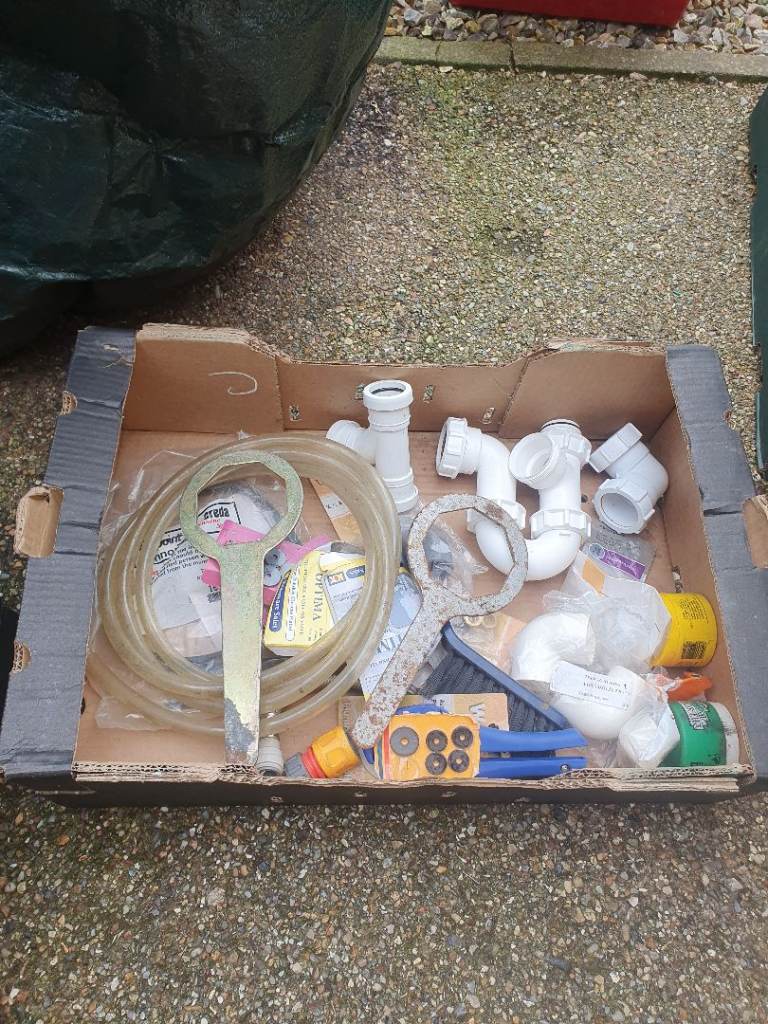 Box of Plumbing Fittings and Tools – Good Condition
