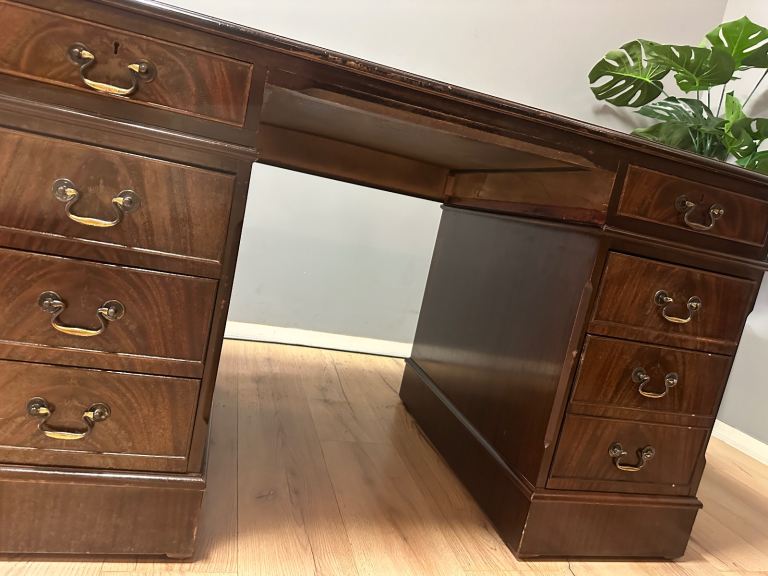 Large Antique Style Captains Bankers Desk Green Leather Twin Pedestal Partners #32