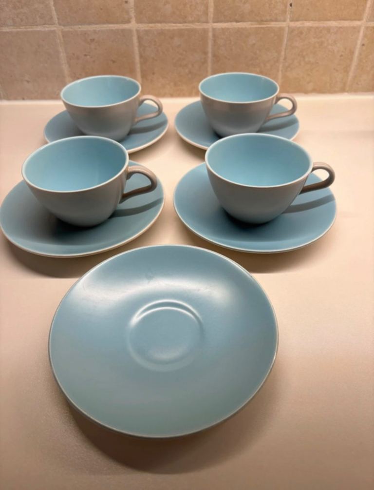 Vintage Poole Pottery Twintone Tea Cups & Saucers - Sky Blue & Dove Grey (Set of 4+)