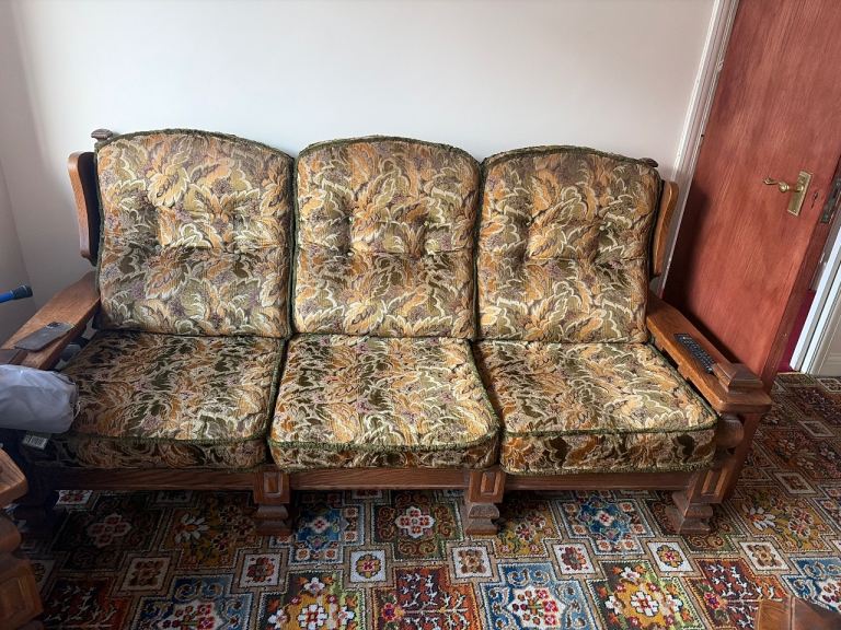 Vintage Three-Seater Sofa and Two Armchairs – Wood & Fabric