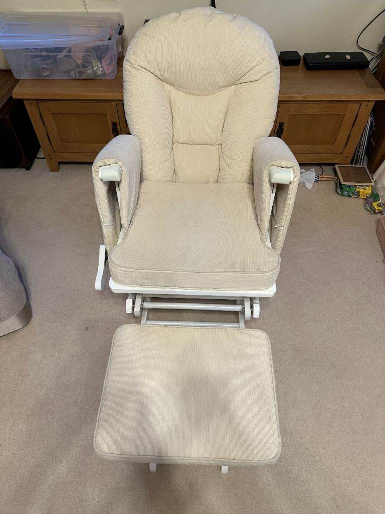Nursing Glider Recliner Chair + Gliding Footstool — White/Natural Beige | Nursery Feeding Chair