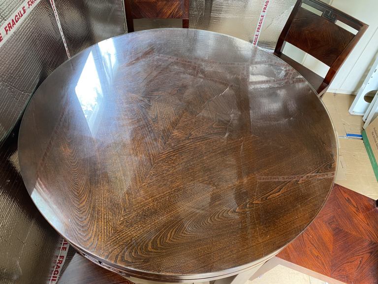 Solid Wood Round Dining Table + 4 Chairs + Tempered Glass Top 