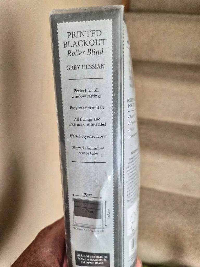 New Printed Blackout Roller Blind – Grey Hessian, 120cm