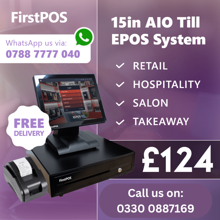  15 Inch Touchscreen EPOS POS Cash Register Till System for Retail, Hospitality, Takeaway and Salon