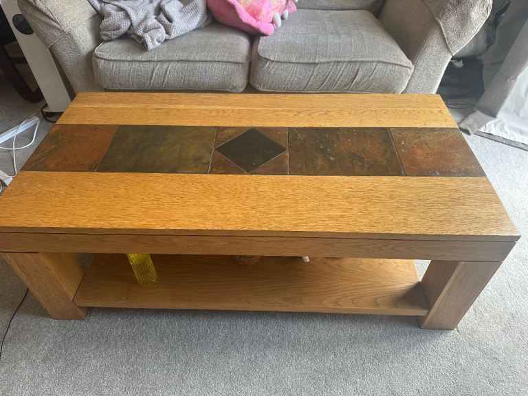 Solid Wood Coffee Table with Slate Inlay – Good Condition