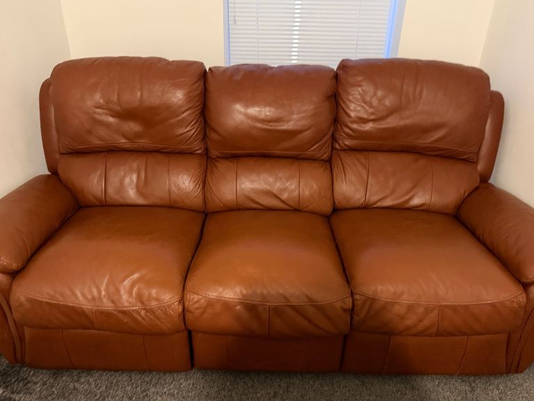Three-Seater Leather Recliner Sofa – Brown, Good Condition