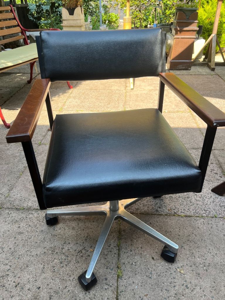 Vintage Black Office Chair with Wooden Armrests