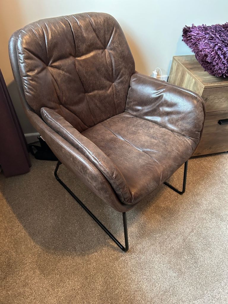 Brown Faux Leather Armchair with Black Metal Frame – Good Condition