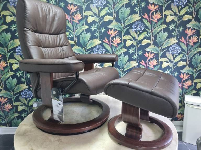 Ekornes Stressless Opal Leather Reclining Swivel Chair+Tilting Foot Stool,Delivery