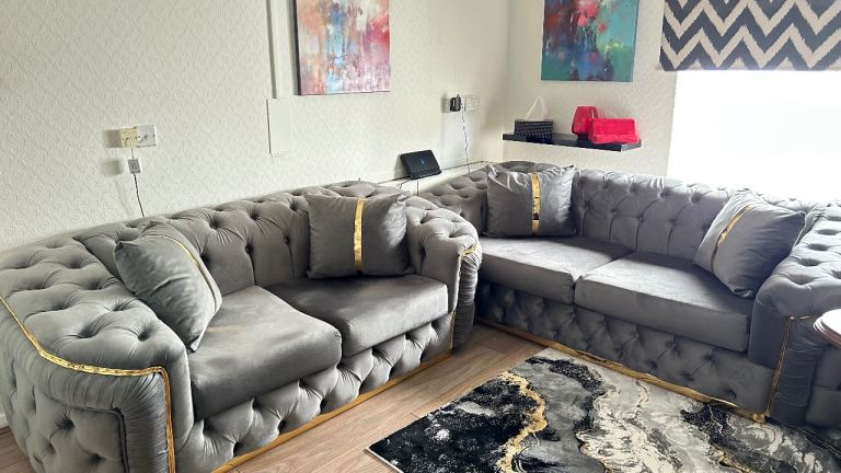 Stylish Grey Velvet Corner Sofa Set with Gold Trim