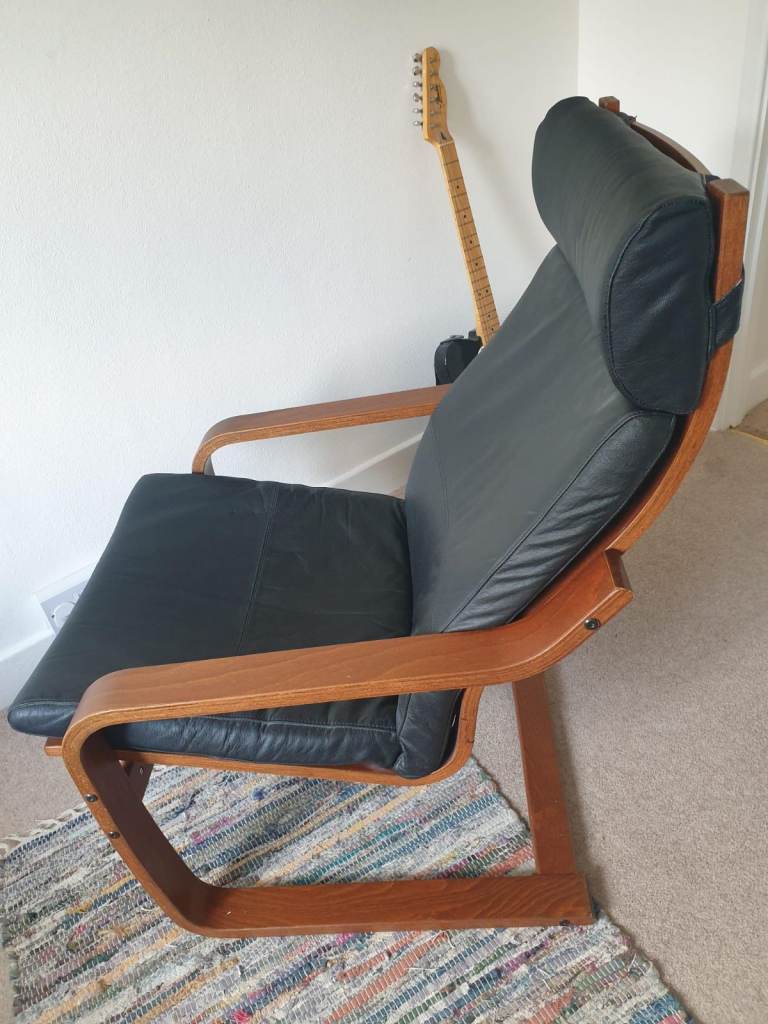 IKEA Poang Armchair. Vintage. Mahogany-effect Bentwood frame with Black full leather 