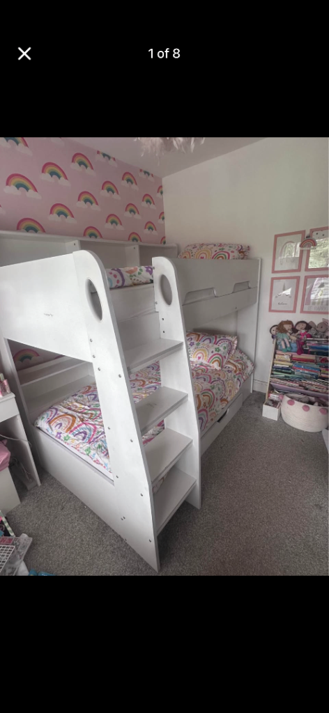 White Wooden Bunk Bed with Built-in Storage – Good Condition