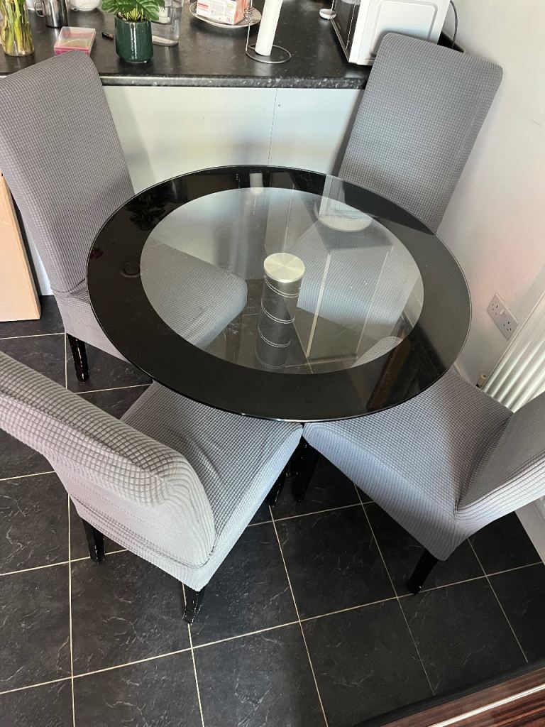 Modern Glass Round Dining Table with 4 Grey Fabric Chairs