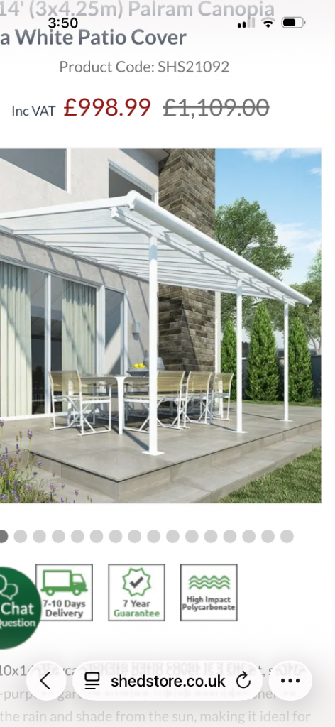 New Palram White Patio Cover (Canopy) 3x4.25m