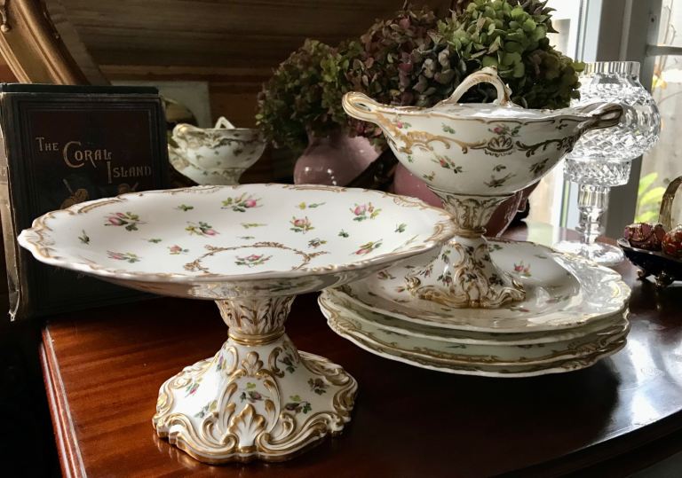 Antique Tazza Comport & Plates Gilded 19th Century