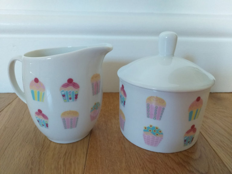 Cupcake sugar bowl, milk jug and serving cake tray by Debenhams