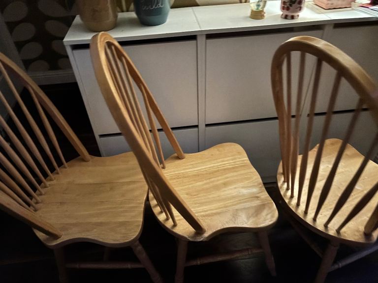 Three Wooden Spindle Back Dining Chairs – Good Condition