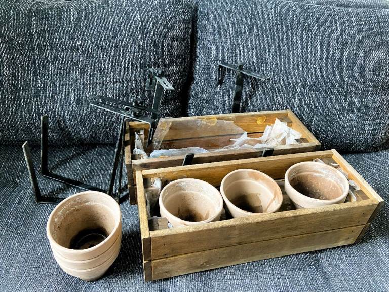 2 x IKEA STJÄRNANIS window boxes, 6 x small terracotta pots and 4 x balcony brackets