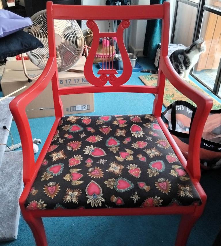 Red Wooden Chair with Lyre Back and Patterned Seat