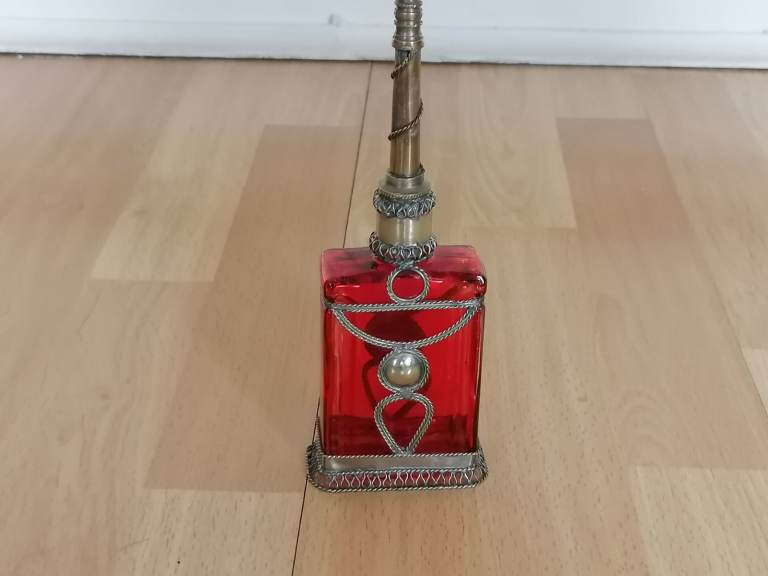 Rare Antique KARL MORAN PARIS Silver Plated Red Glass Barber Tonic Bottle. Rare Collectible. 