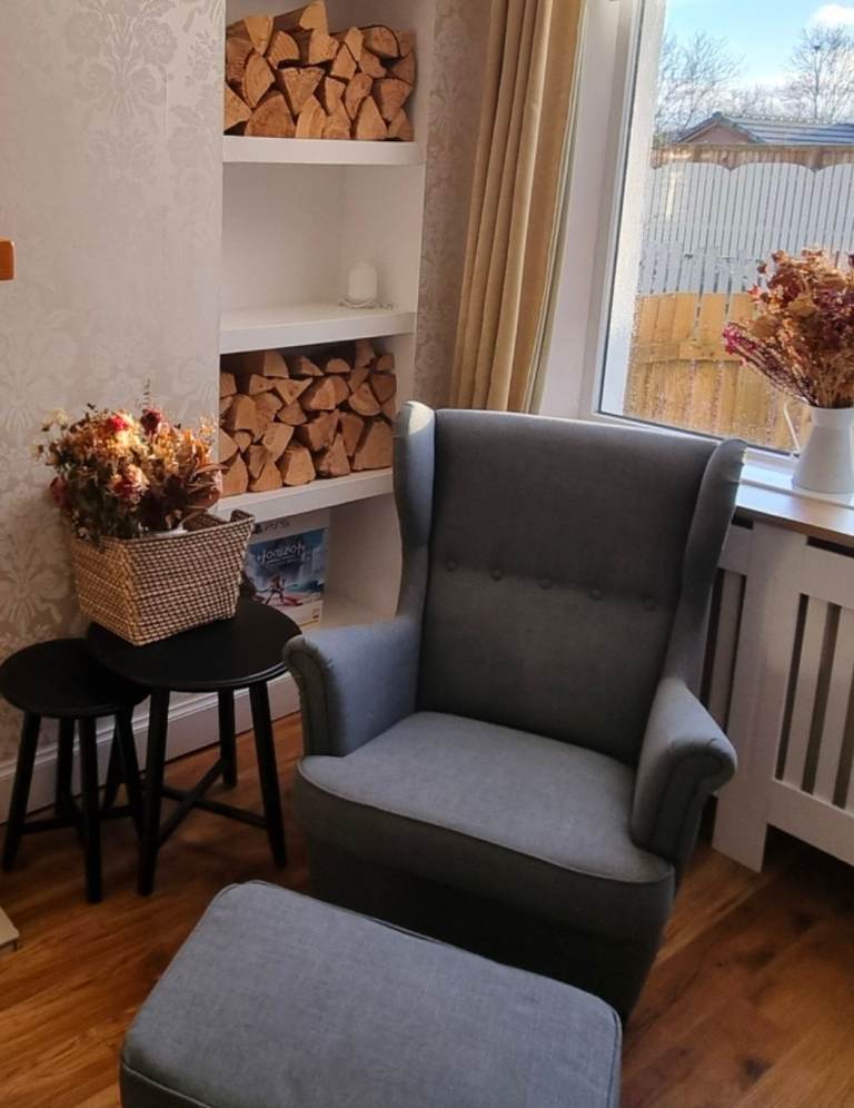 IKEA STRANDMON Wing Chair & Footstool – Grey, Good Condition