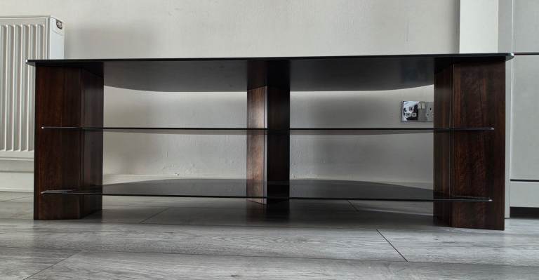 Black and Brown TV Stand with Glass Shelves – Good Condition
