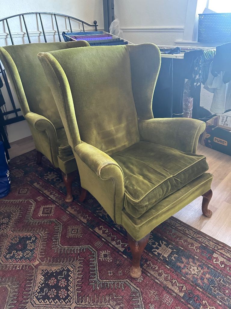 Pair of Vintage Parker Knoll Wingback Armchairs – Green Velvet