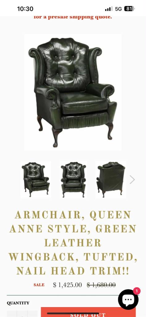 Lovely Dark Green Leather Chesterfield Queen Anne Wing Back Chair
