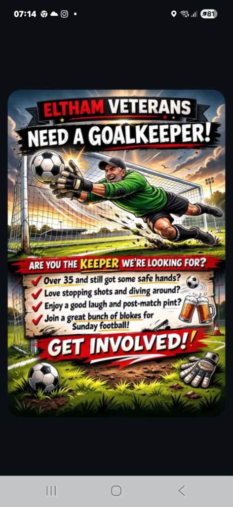 Keeper needed for 35+ vets team