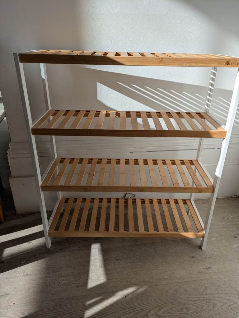 4 Tier Bamboo Shoe Rack, White Frame, 75cm High, Slatted Shelves | in ...