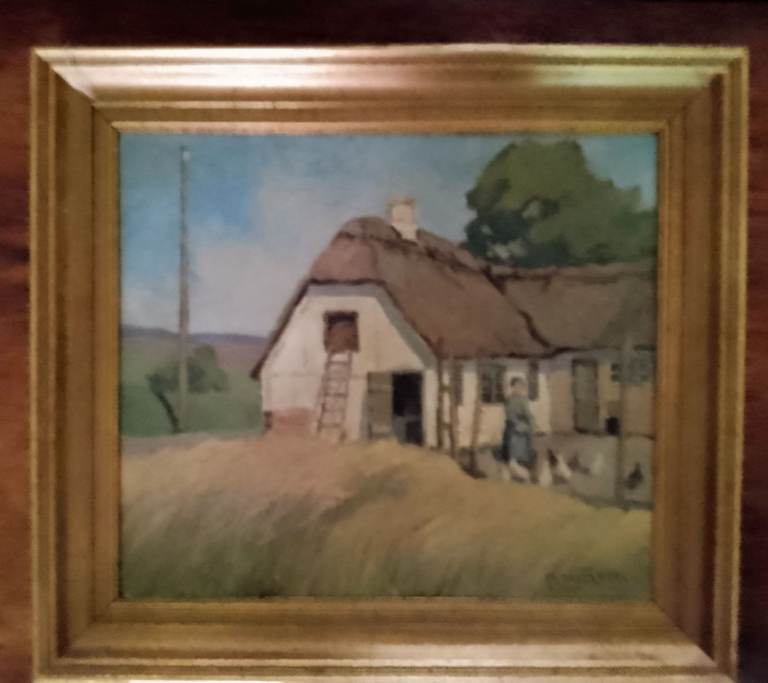Oil on canvas of thatched cottage and feeding of hens. By M. Nielsen.  A bucolic feel to it. 59x53cm